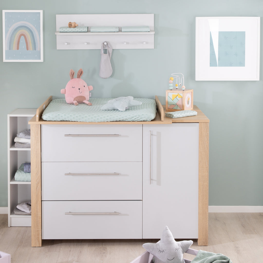 Cassettiera fasciatoio 'Matilda', close morbide, 3 cassetti, 1 porta, rovere sägerau/ grigio