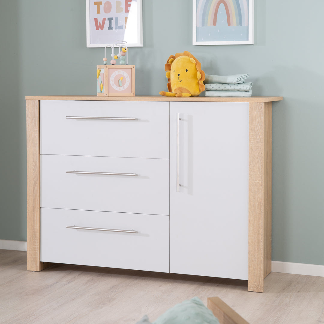 Cassettiera fasciatoio 'Matilda', close morbide, 3 cassetti, 1 porta, rovere sägerau/ grigio