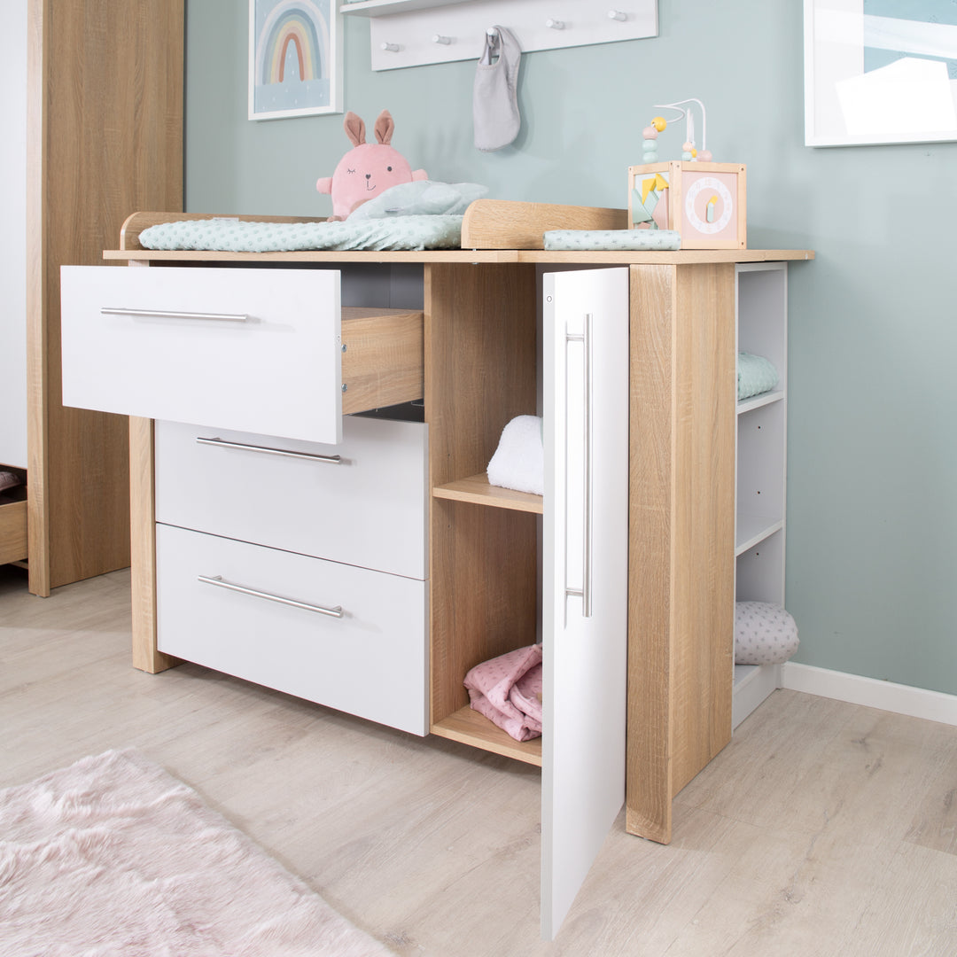 Cassettiera fasciatoio 'Matilda', close morbide, 3 cassetti, 1 porta, rovere sägerau/ grigio