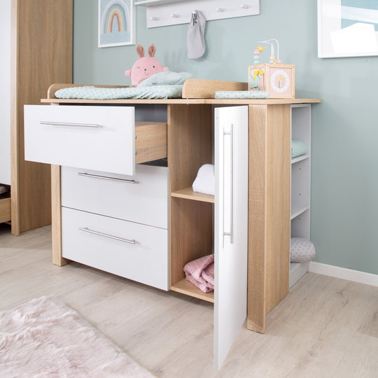 Cassettiera fasciatoio 'Matilda', close morbide, 3 cassetti, 1 porta, rovere sägerau/ grigio