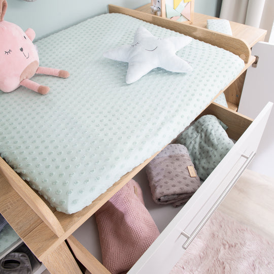 Cassettiera fasciatoio 'Matilda', close morbide, 3 cassetti, 1 porta, rovere sägerau/ grigio