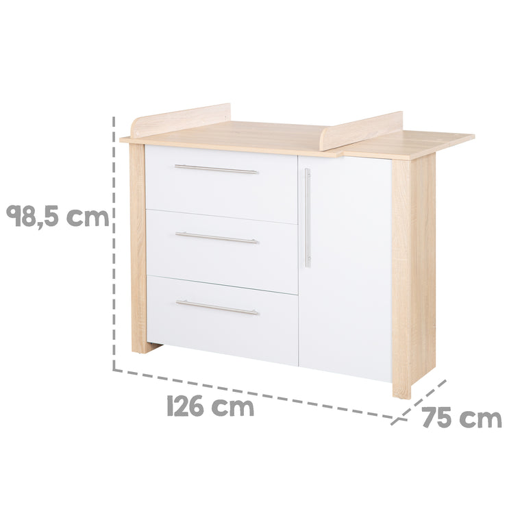 Changing Table Dresser 'Matilda', soft-close, 3 drawers, 1 door, sawed oak/ grey