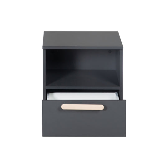 Table de nuit 'Jara' - 1 tiroir, 1 compartiment ouvert - Anthracite - Poignée en bois de hêtre véritable