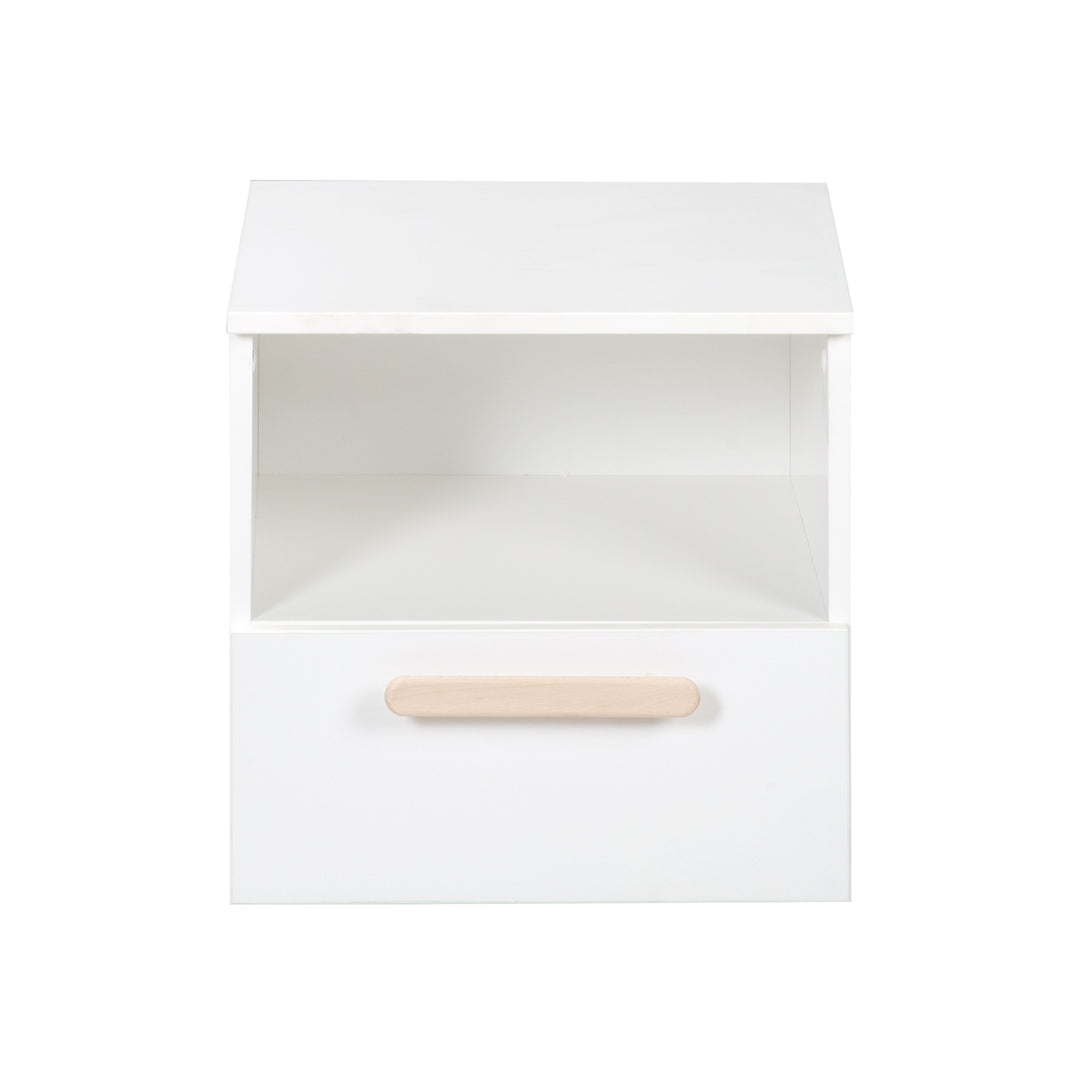 Comodino 'Clara' - 1 cassetto, 1 vano a giorno - Bianco - Maniglia in vero legno di faggio