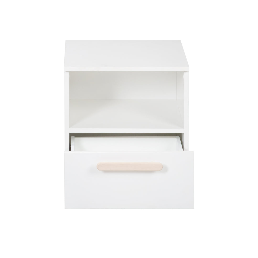 Comodino 'Clara' - 1 cassetto, 1 vano a giorno - Bianco - Maniglia in vero legno di faggio