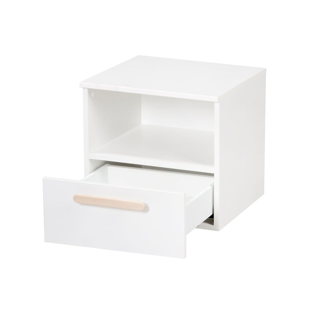 Comodino 'Clara' - 1 cassetto, 1 vano a giorno - Bianco - Maniglia in vero legno di faggio