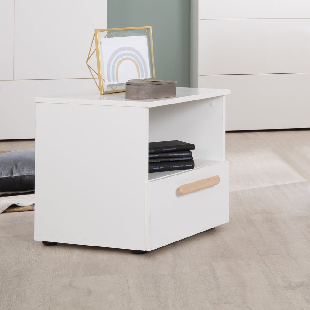Comodino 'Clara' - 1 cassetto, 1 vano a giorno - Bianco - Maniglia in vero legno di faggio