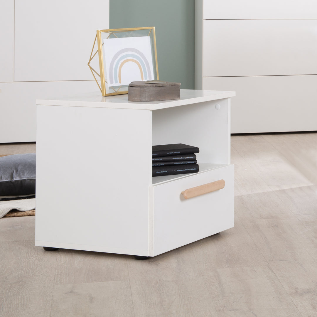 Comodino 'Clara' - 1 cassetto, 1 vano a giorno - Bianco - Maniglia in vero legno di faggio