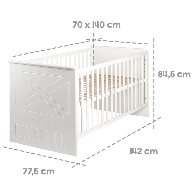 Kinderzimmerset 'Constantin', inkl. Kombi-Bett 70 x 140 cm & Wickelkommode, gefräst weiß