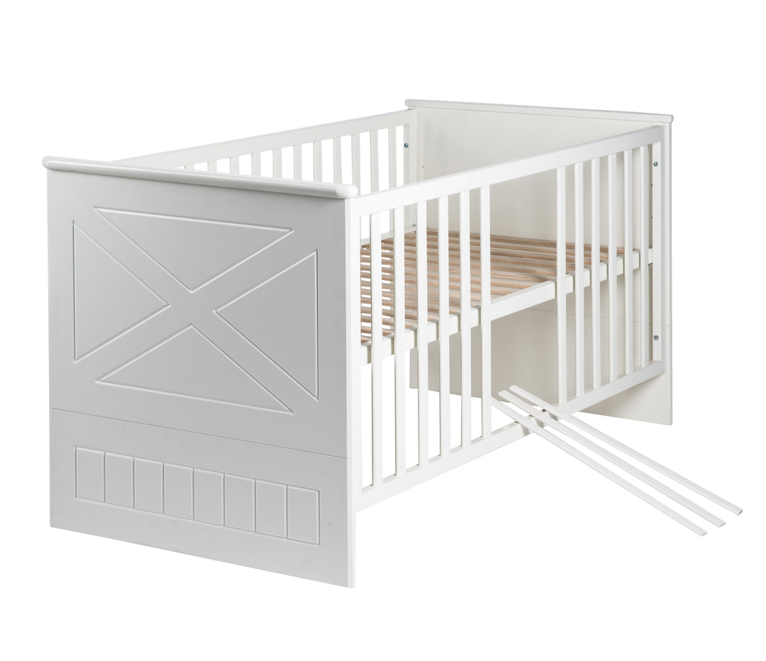 Cama infantil combinada 'Constantin', 70 x 140 cm, blanca, ajustable en altura, 3 barrotes extraíbles, convertible