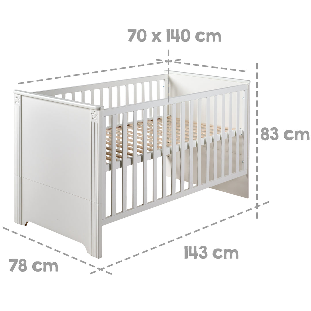 Möbelset 'Maxi' inkl. Kombi-Bett 70 x 140 cm, Wickelkommode & 3-türigem Kleiderschrank, weiß