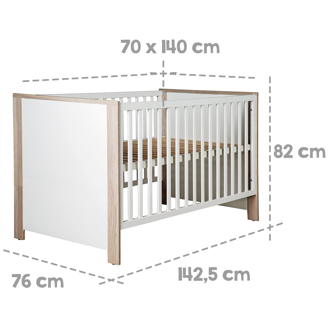 Möbelset 'Olaf' inkl. Kombi-Bett 70 x 140 cm & breiter Wickelkommode, Luna Elm/weiß