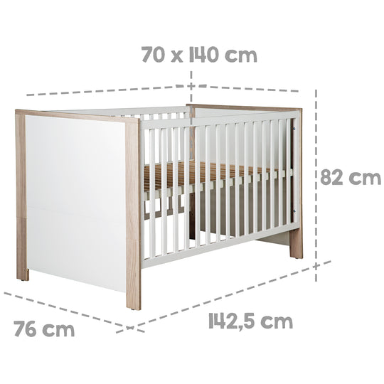 Möbelset 'Olaf' inkl. Kombi-Bett 70 x 140 cm & breiter Wickelkommode, Luna Elm/weiß