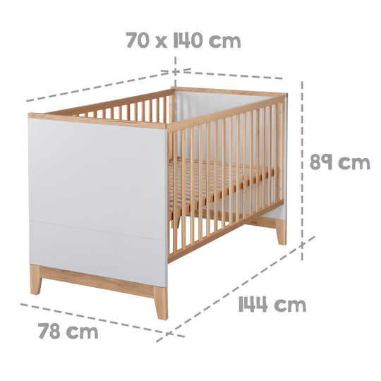 Cuna convertible 'Caro', 70 x 140 cm, ajustable en altura, extensible, 3 barrotes extraíbles, convertible