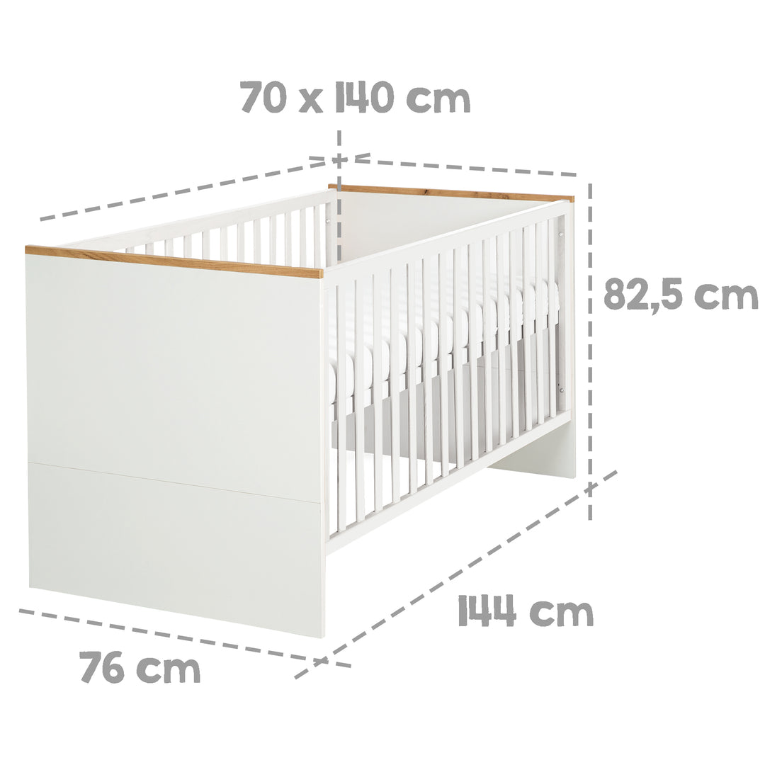 Cama infantil combinada 'Finn', 70 x 140 cm, ajustable en altura, convertible con crecimiento, 3 barrotes extraíbles