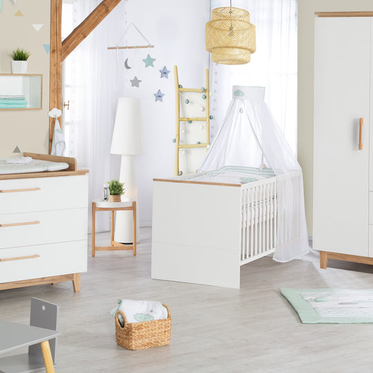 Cama infantil combinada 'Finn', 70 x 140 cm, ajustable en altura, convertible con crecimiento, 3 barrotes extraíbles