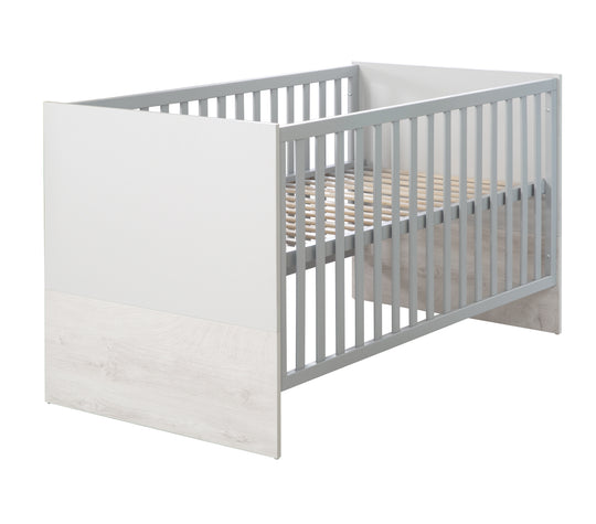 Cuna combinada 'Maren 2', 70 x 140 cm, ajustable/convertible, con 3 barrotes extraíbles, gris claro/blanco
