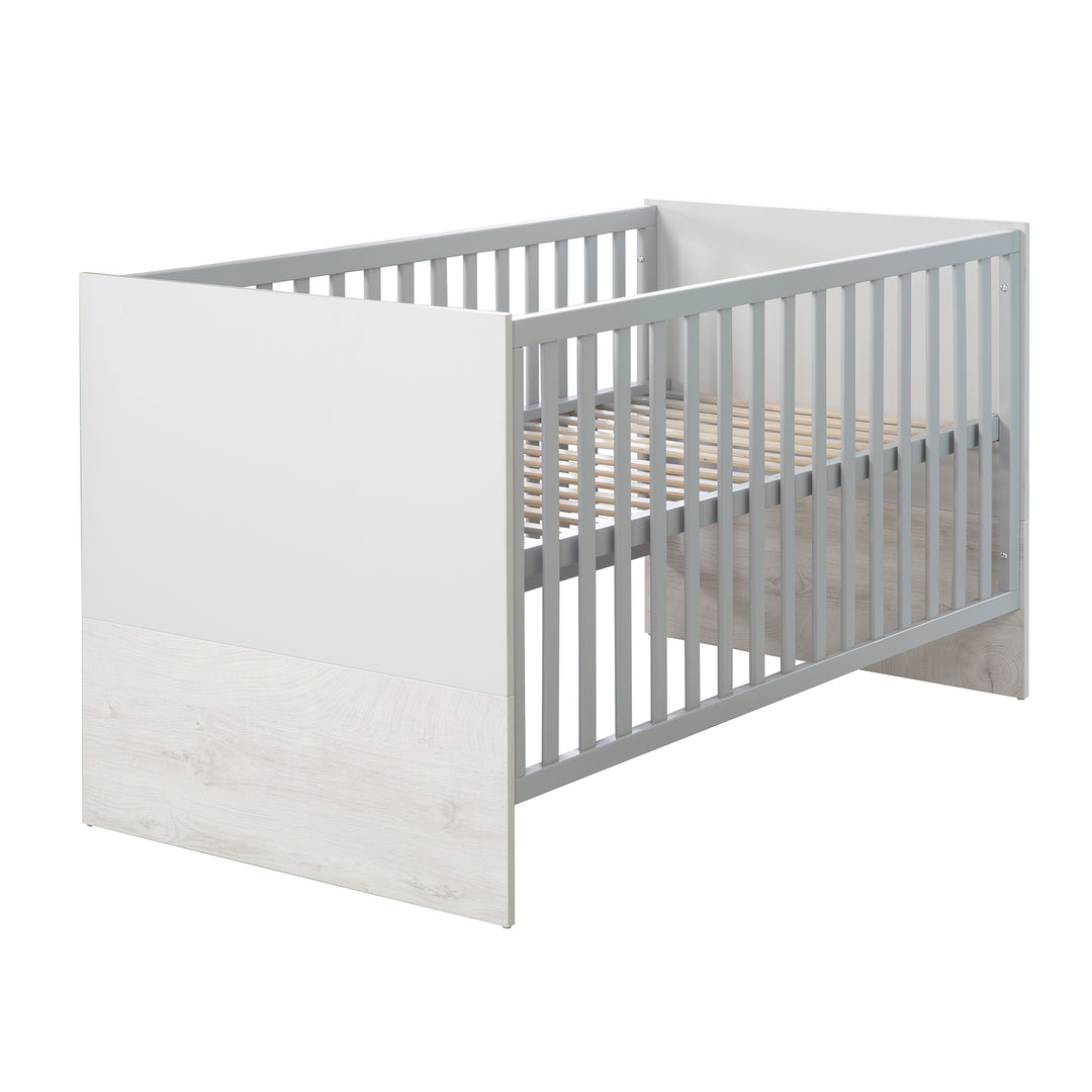 Kinderzimmerset 'Maren 2', inkl. Kombi-Bett 70 x 140 cm, Wickelkommode schmal & 3-türigem Schrank, Lichtgrau/Gekalkte Eiche