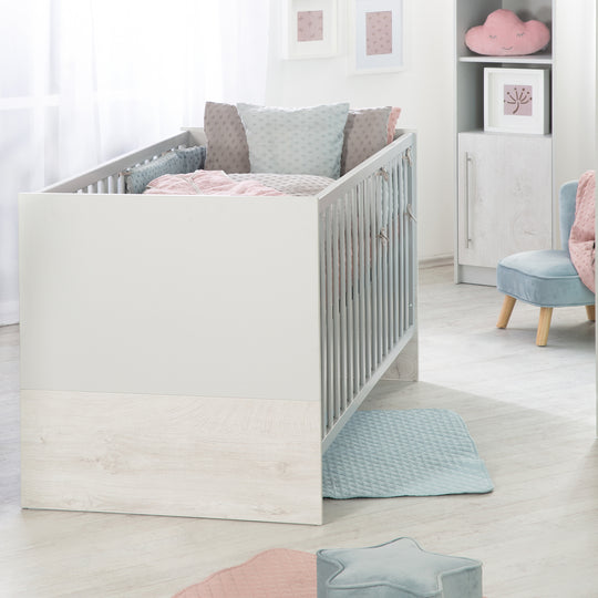 Cuna combinada 'Maren 2', 70 x 140 cm, ajustable/convertible, con 3 barrotes extraíbles, gris claro/blanco