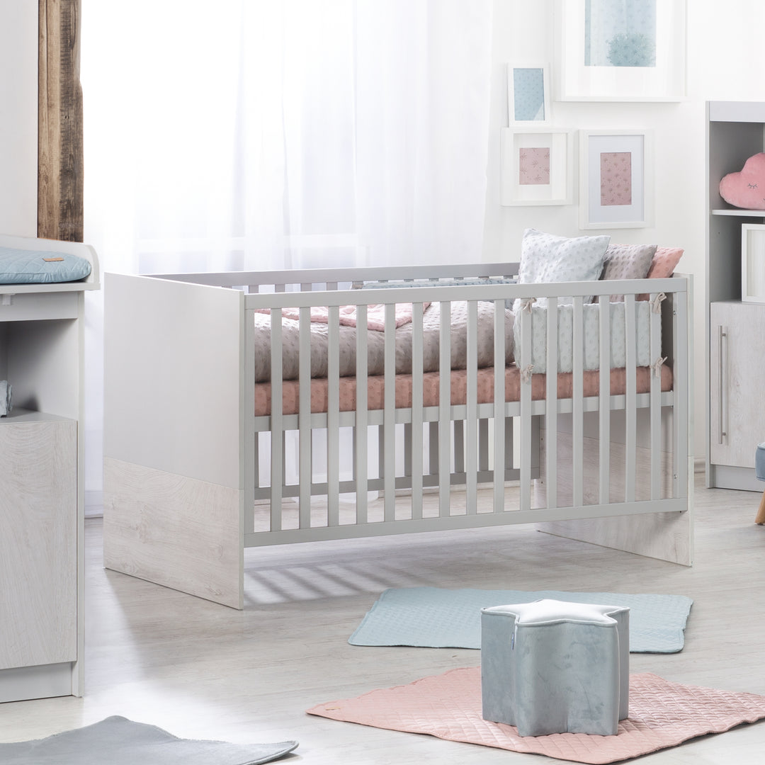 Cuna combinada 'Maren 2', 70 x 140 cm, ajustable/convertible, con 3 barrotes extraíbles, gris claro/blanco