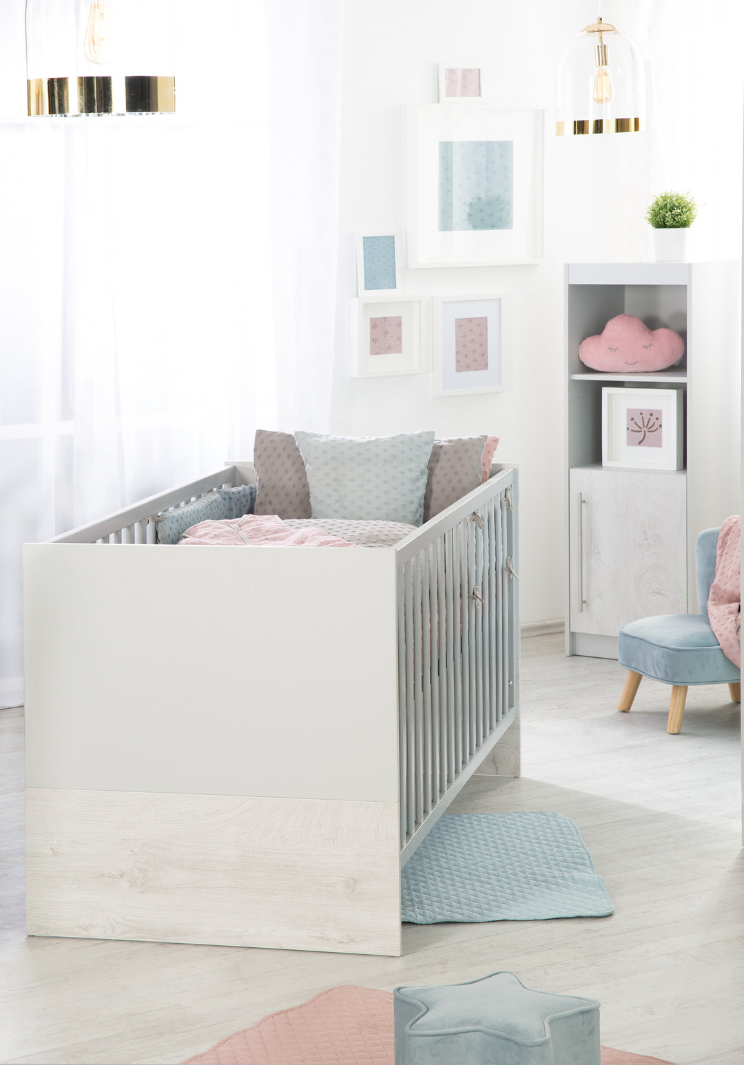 Set da camera per bambini 'Maren 2', incluso letto combi 70 x 140 cm, cambio petto & mobile a 3 porte, grigio chiaro/bianco