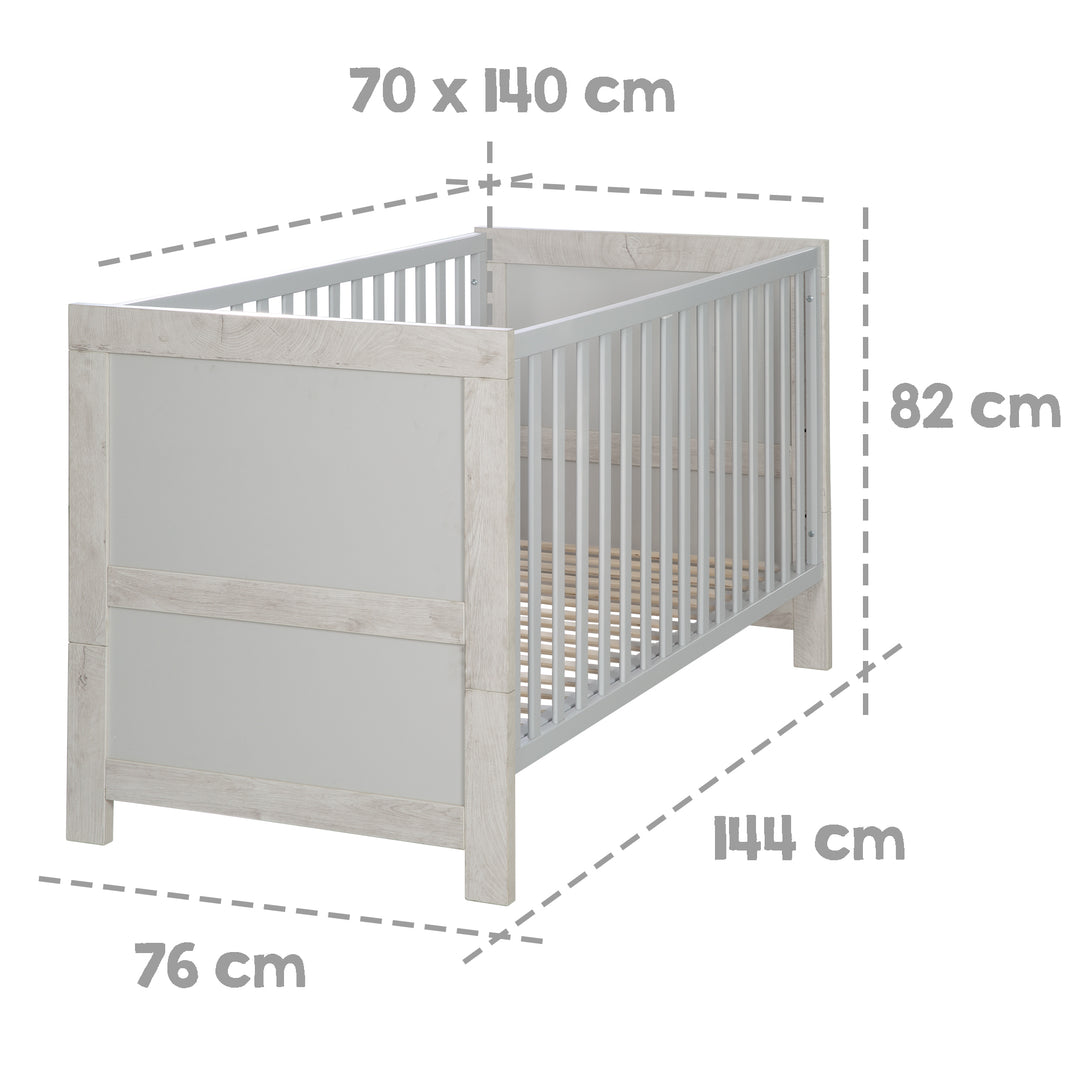 Cuna convertible 'Mila', 70 x 140 cm, ajustable y convertible en cama juvenil, con 3 barrotes extraíbles