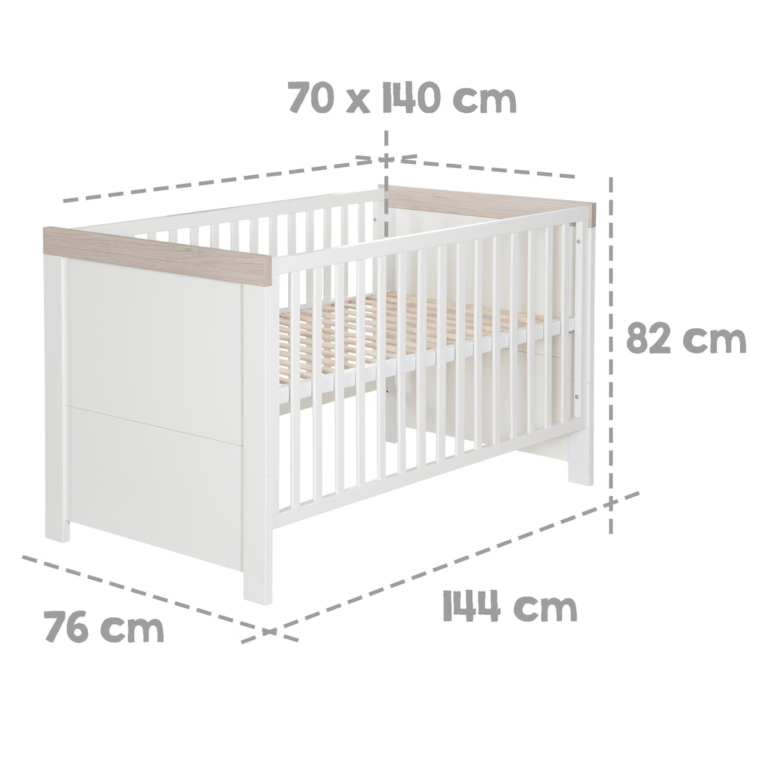 Cuna convertible 'Lucy' 70 x 140 cm, convertible, blanca, cornisa en 'Luna Elm'