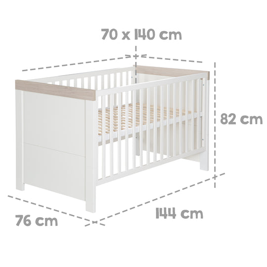 Cuna convertible 'Lucy' 70 x 140 cm, convertible, blanca, cornisa en 'Luna Elm'