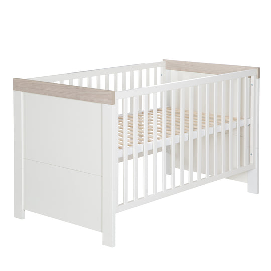 Cuna convertible 'Lucy' 70 x 140 cm, convertible, blanca, cornisa en 'Luna Elm'