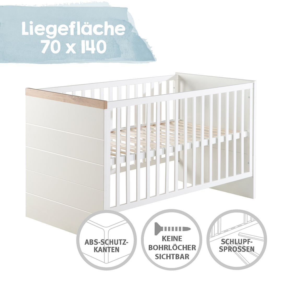 Cuna convertible 'Nele' 70 x 140 cm, con frentes blancos y fresados horizontales