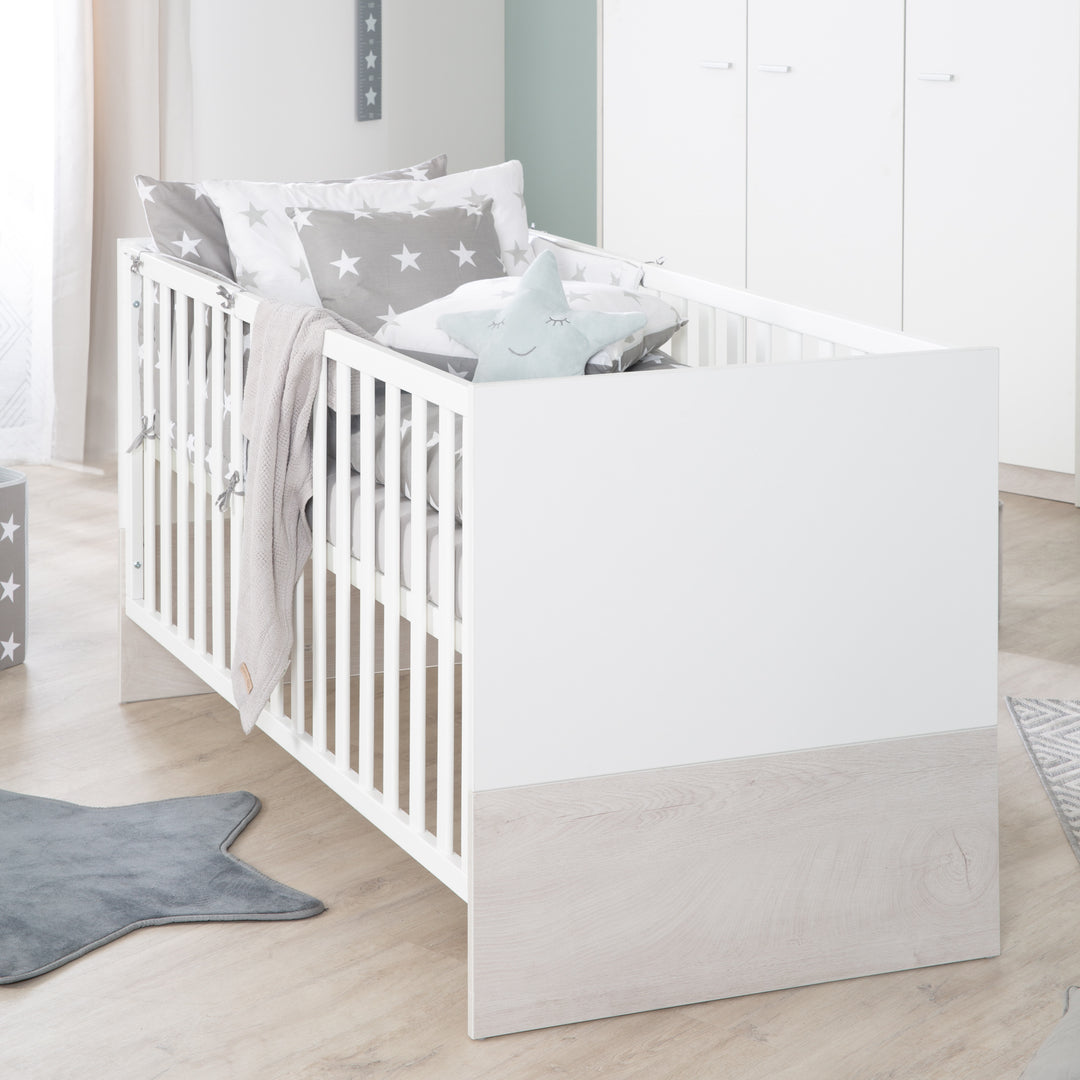 Cuna convertible 'Julia' 70 x 140 cm, blanca, ajustable en altura, 3 barrotes extraíbles, convertible
