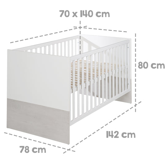 Cuna convertible 'Julia' 70 x 140 cm, blanca, ajustable en altura, 3 barrotes extraíbles, convertible