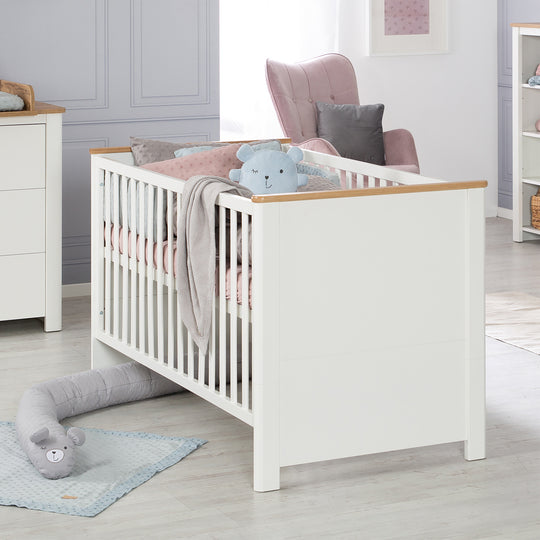 Cuna convertible 'Ava' 70 x 140 cm, convertible a cama junior, blanca, decoración en 'Roble Artisan'