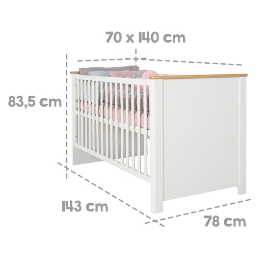 Cuna convertible 'Ava' 70 x 140 cm, convertible a cama junior, blanca, decoración en 'Roble Artisan'