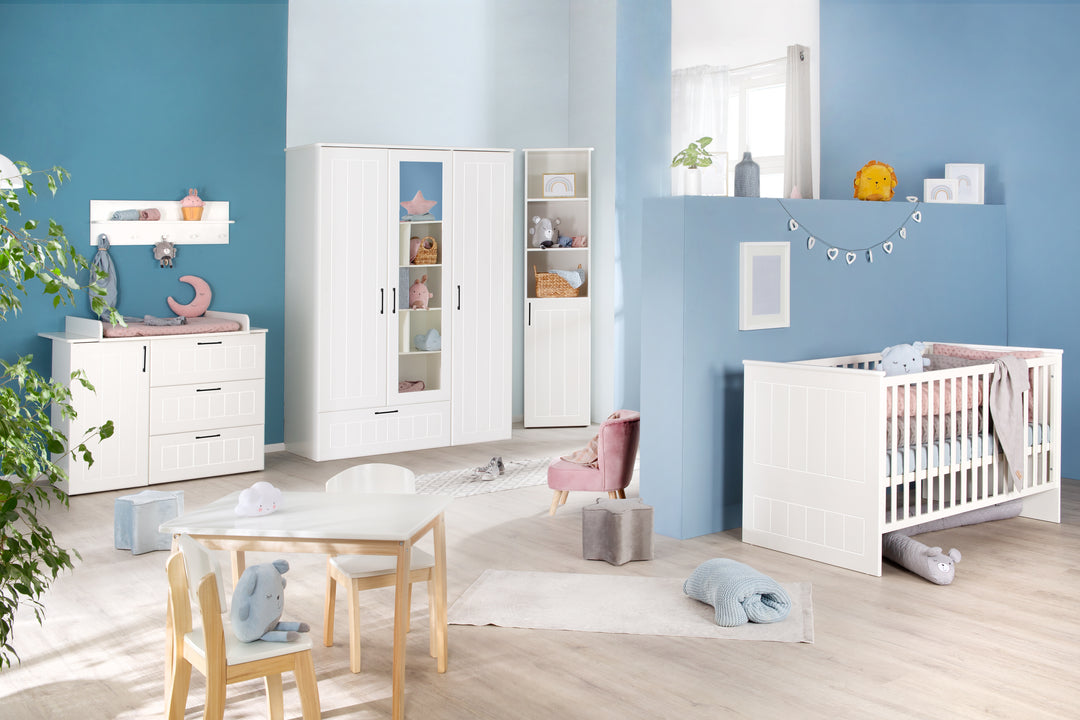 Cuna convertible 'Sylt', 70 x 140 cm, blanca, ajustable en altura, con 3 barrotes extraíbles, convertible