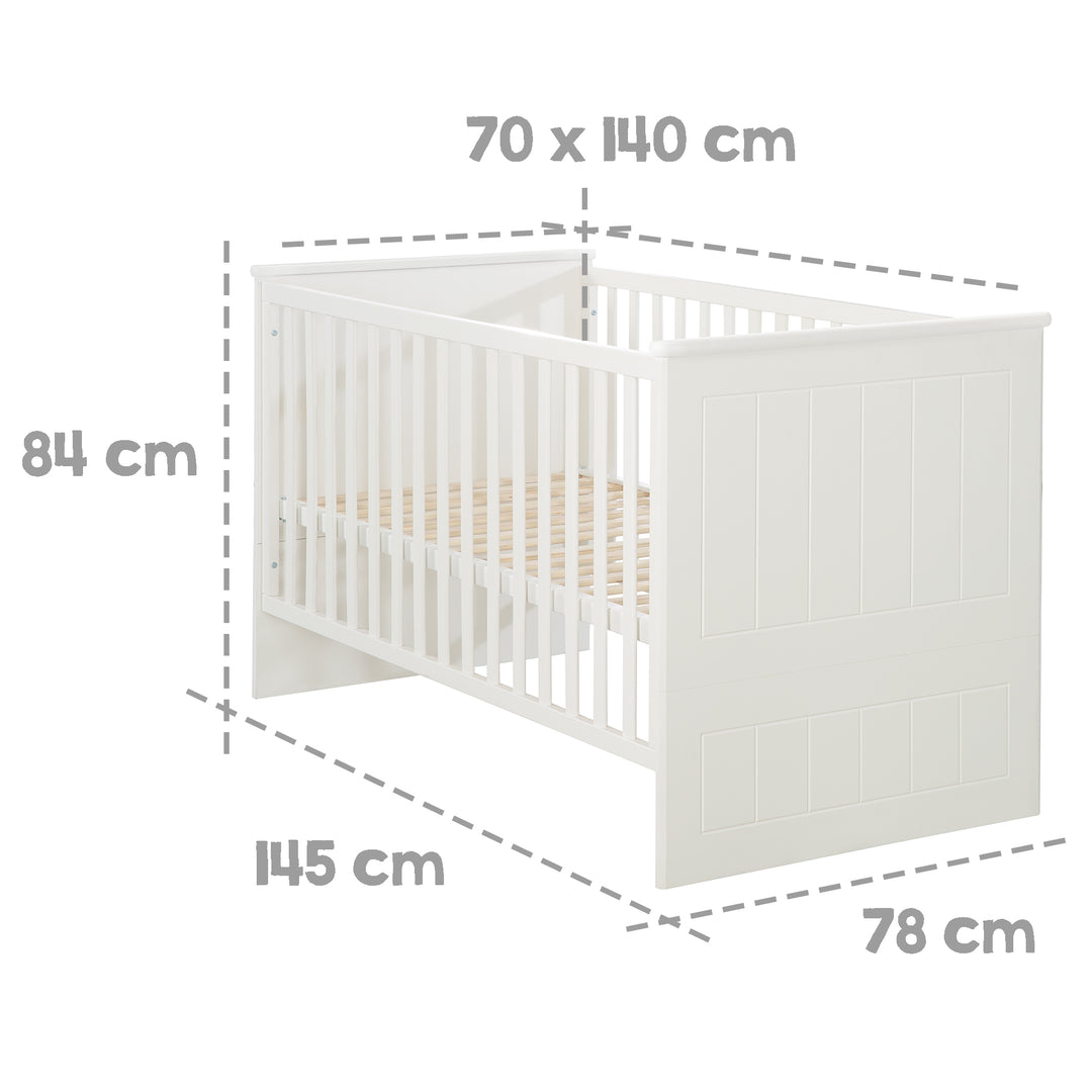 Cuna convertible 'Sylt', 70 x 140 cm, blanca, ajustable en altura, con 3 barrotes extraíbles, convertible