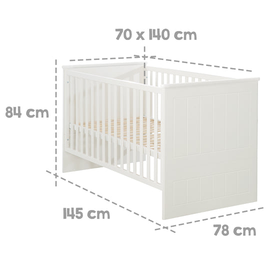 Cuna convertible 'Sylt', 70 x 140 cm, blanca, ajustable en altura, con 3 barrotes extraíbles, convertible