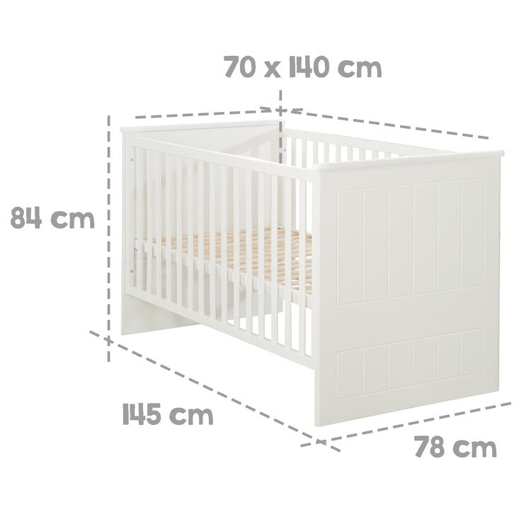 Combi Children's Bed 'Sylt', 70x140 cm, blanc, réglable à la hauteur, 3 choux, convertibles