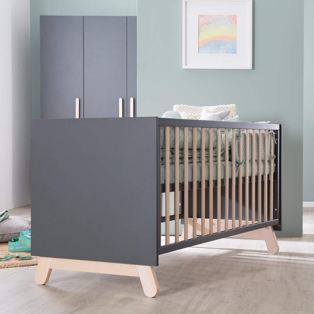 Cuna combinada 'Jara', 70 x 140 cm, antracita, convertible, con 3 barandillas abatibles