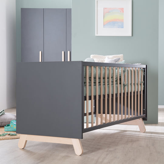 Cuna combinada 'Jara', 70 x 140 cm, antracita, convertible, con 3 barandillas abatibles