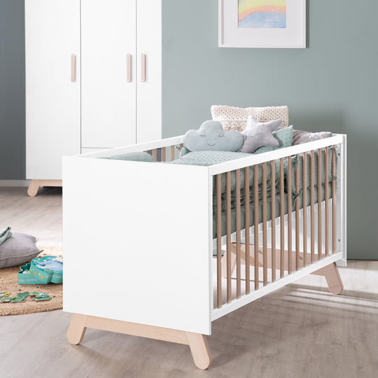 Cuna combinada 'Clara' 70 x 140 cm, blanca, natural, ajustable, 3 barandillas abatibles, convertible