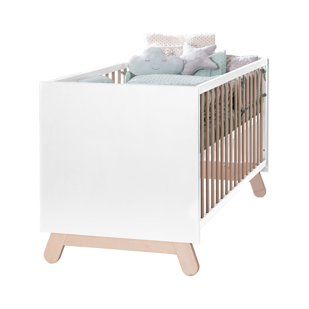 Cuna combinada 'Clara' 70 x 140 cm, blanca, natural, ajustable, 3 barandillas abatibles, convertible