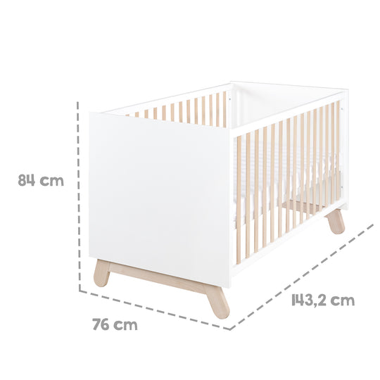 Cuna combinada 'Clara' 70 x 140 cm, blanca, natural, ajustable, 3 barandillas abatibles, convertible
