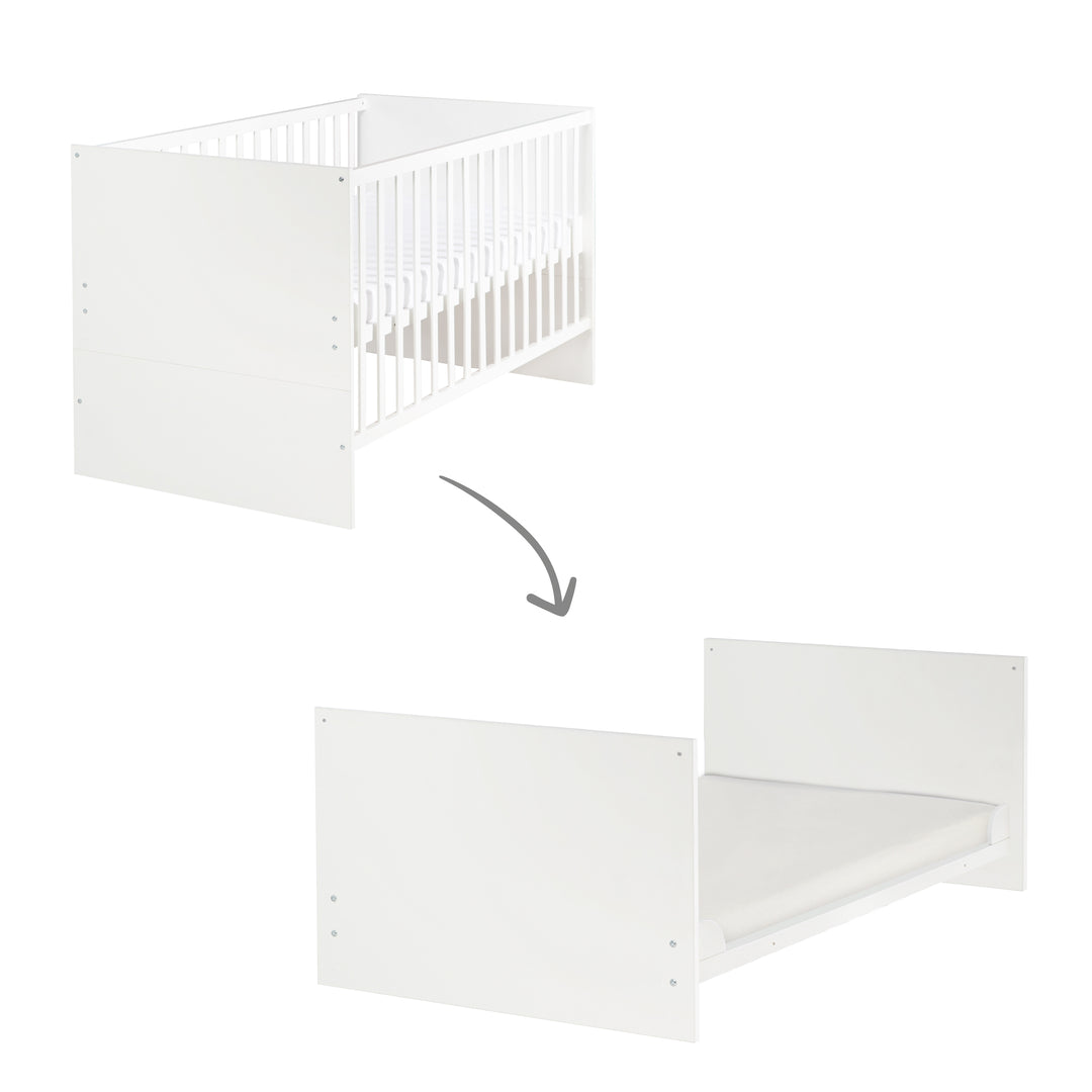 Lit évolutif 'Anton' 70x140, transformable, coins de transformation inclus, réglable en hauteur sur 3 positions, 3 barreaux amovibles