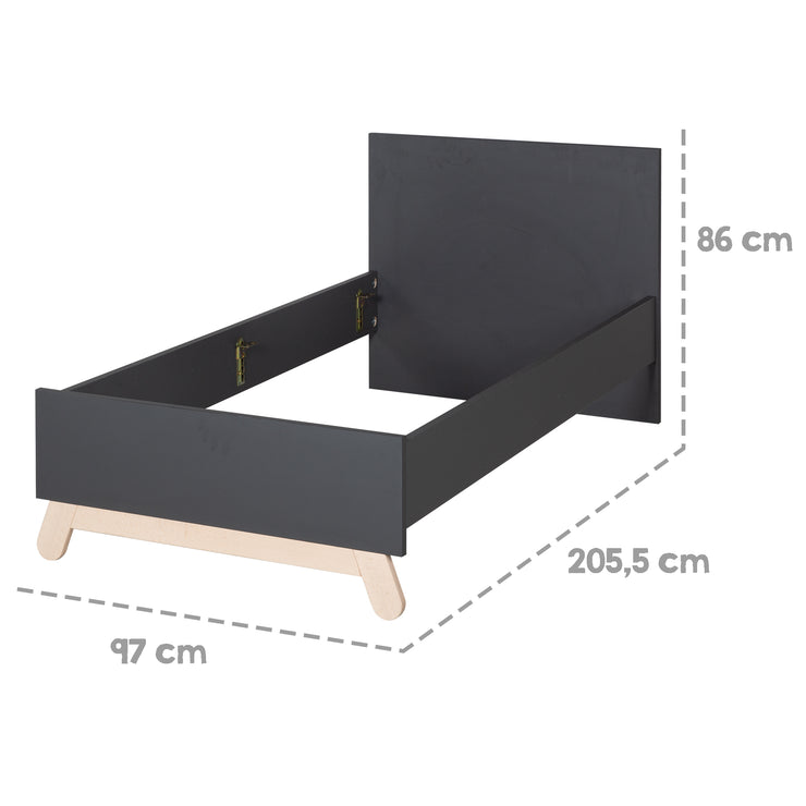 Cama juvenil 'Jara' 90 x 200 cm - decoración antracita - pies de haya de madera