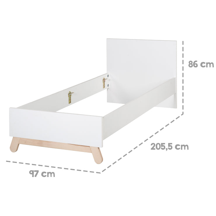 Letto per ragazzi "Clara" 90 x 200 cm - Decoro bianco - Piedi in vero legno di faggio