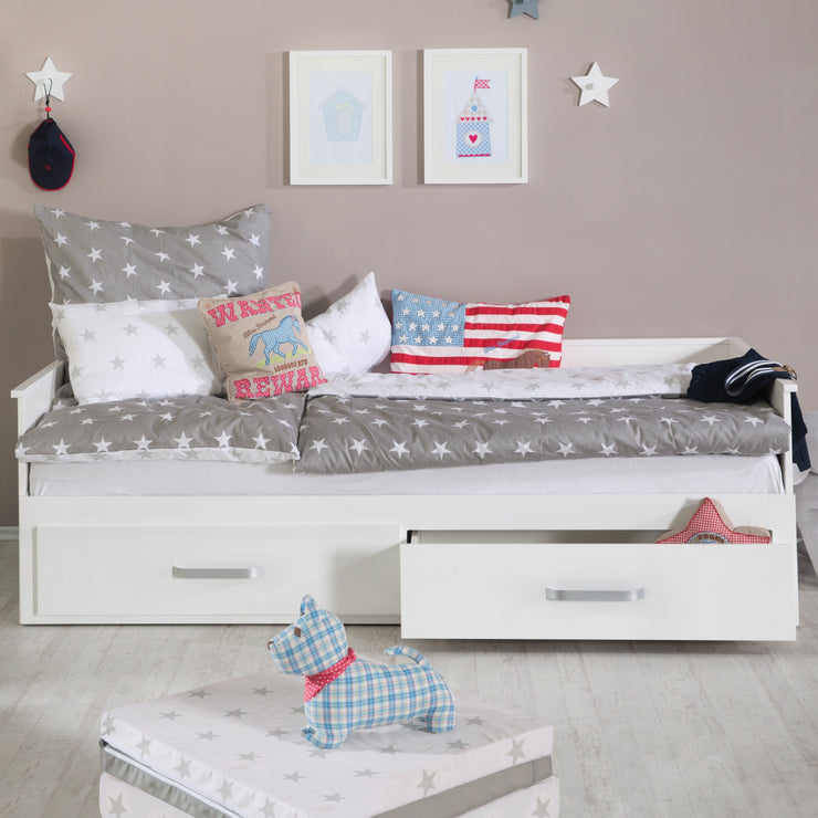 Lit de repos "Moritz", extensible pour lit double, blanc, 2 tiroirs, lit d'invité pour chambre d’enfant