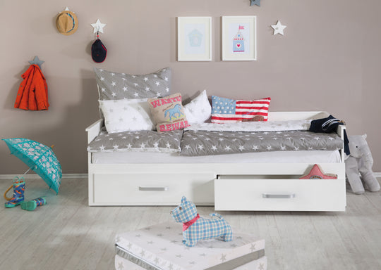 Cama de día 'Moritz', extensible a cama doble, blanca, 2 cajones, cama para invitados en la habitación infantil