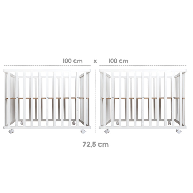 Box per bambini "Indibaer", 100 x 100 cm, box sicuro incl. cuscinetti di protezione e ruote, legno bianco