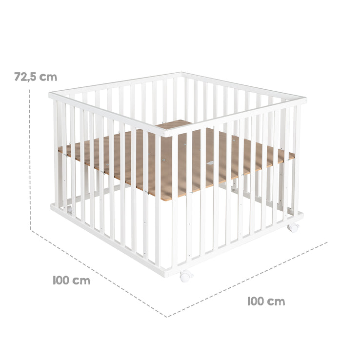 Parc bébé "Indibaer", 100 x 100 cm, surface de jeu incl. inlay et roulettes, bois blanc